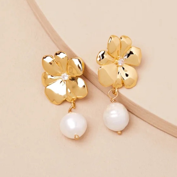 FRASIER STERLING Geneva Earrings - Elegant Gold Flower & Pearl Drop Earrings - Picture 1 of 7